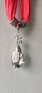 Coral Scarf with Crystal Pendant