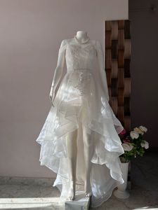 High low white organza-lace gown