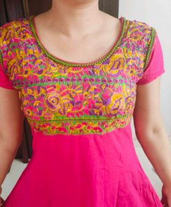 Women Pink Embroidered Cotton Mix Kurta