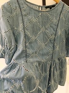 Veromoda Cotton Denim Cutwork Peplum Top