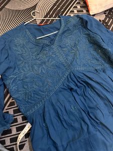 Blue Embroidered Cotton Kurta With Bottom