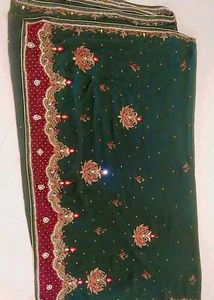 Bridal Zari Work Stone Embroidery Green &amp; Red Sare