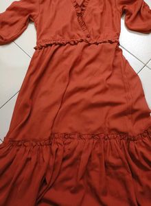 Elegant Rust-Orange Midi Dress with Puff Sleeves a