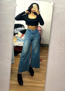 High Waisted Washed Effect Blue Jeans