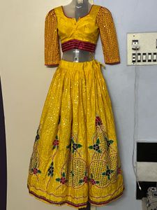 Full Work Embodiment Yellow Lehenga Choli