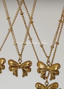 Gold Bow Beaded Chain Necklace Anti-tarnish