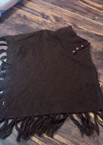 Brown Knit Poncho with Tassels