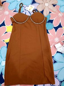 Brown Mini Dress with Rhinestone Detail