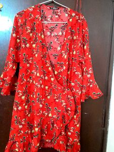 Bright Red Florals Wrap Dress