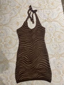 Brown Zebra Knit Halter Mini Dress