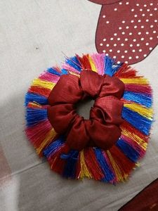 Purple And Creamy, Red Fringe Hair Scrunchies