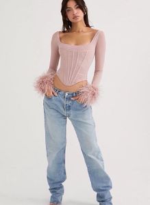 Women's Feather Long Sleeve Corset Top Faux Fur