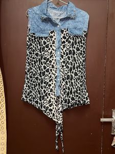 Denim  Zebra print Mesh Top