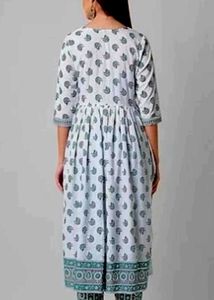 Elegant White &amp; Teal Block Print Cotton Kurta Set
