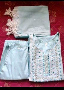 Trendy Women Embroidered Kurti, Pant &amp; Dupatta Set