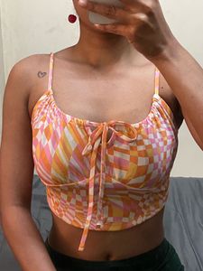 Retro Print Tie-Front Crop Top