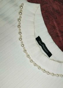 White Pearl Detail Ribbed Top