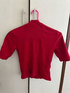 Red Ribbed Half-Zip Top