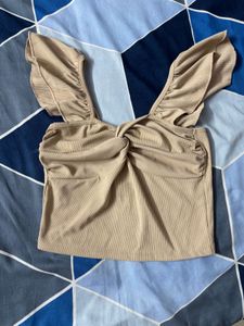Sweetheart Neck Beige Front Twist Ribbed Top