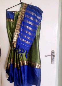 Green &amp; Blue Silk Sari with Gold Border, Blouse