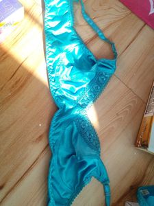 satin Turquoise Bra with Lace Detail