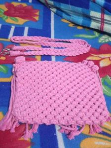 Pink Macrame Fringe Crossbody Bag