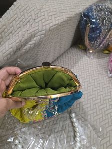 Olve Free Blue Potli Clutch With Pearl Handle