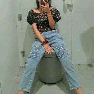High Waist Ripped Jeans For Woman