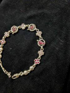 925 Silver  Floral  With Dark Pink Stone Bracelet
