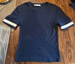 Navy Tee with Striped Sleeves