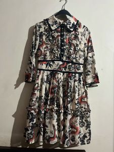 Elegant Print Ruffle Trim Dress