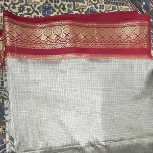 Grey And Red Combination Beautiful Saree