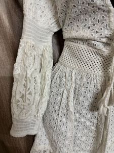 Boho Eyelet Lace Mini Dress with Crochet Waist