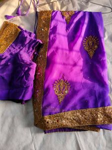 Beautiful Purple Saree With Mirror Work &amp; Blouse