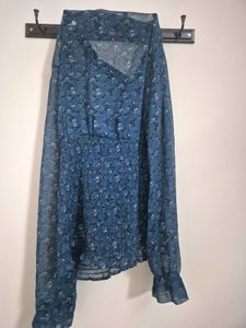 Elegant Navy Blue Floral Sheer Top – Size L