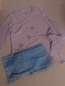L Size Cute Top & Pearl Denim Jeans Set