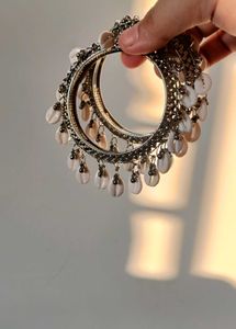 Elegant Silver-Tone Beaded Bangles