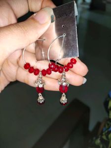 Red Beaded Hoop Earrings