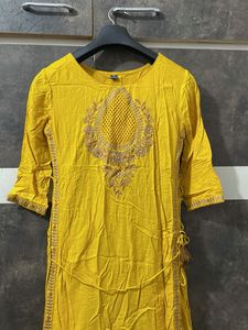 Yellow Embroidered Kurti With Attached Shrara