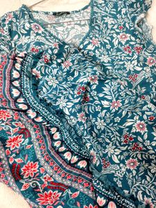Teal Floral Midi Dress With Very Short Sleeves
