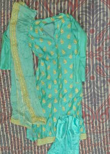 Teal &amp; Gold Embroidered Kurta Set