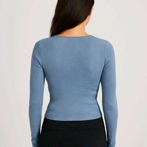 Stylish Blue Ribbed Twist-Knot Top - Full Sleeves