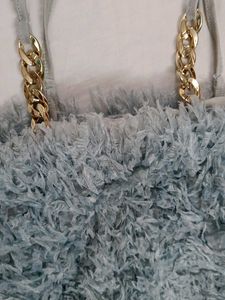 Fluffy Faux Fur Crop Top with Gold Chain Straps –