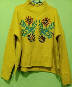 Floral Embroidered Yellow Sweater