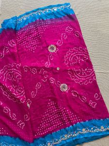 Blue And Pink Bandhani Heavy Saree