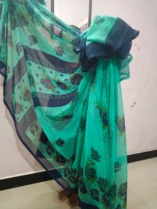 Elegant Teal Floral Print Saree
