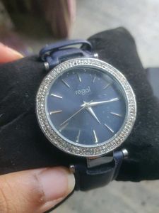 Blue Leather Strap Wrist Watch With Stones