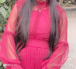 Burgundy Sheer Sleeve  Korean Mini Dress