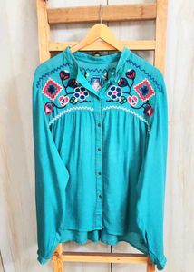 Embroidered Sea Green Cotton Top size-48