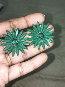 Green Stone Studded Flower Earrings